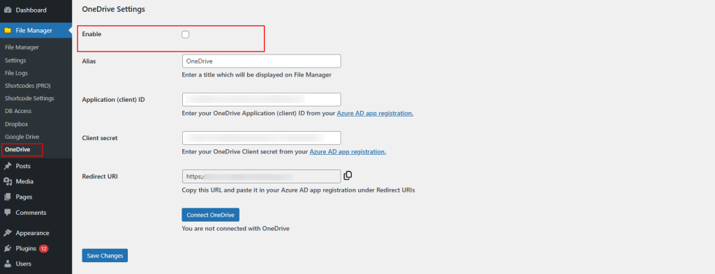 Screenshot of enabling Microsoft OneDrive in the plugin’s cloud settings