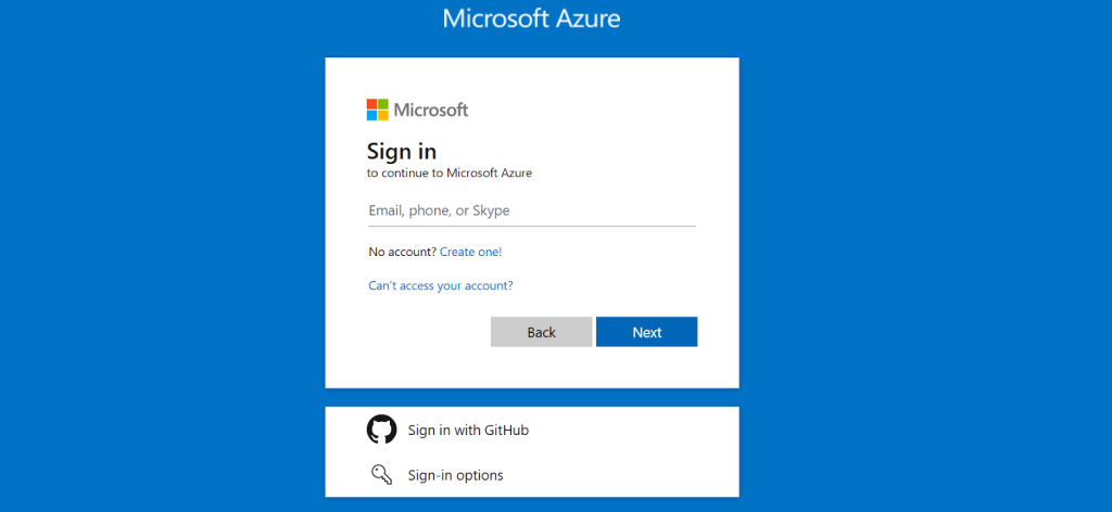 Microsoft Azure sign-in page for cloud service configuration