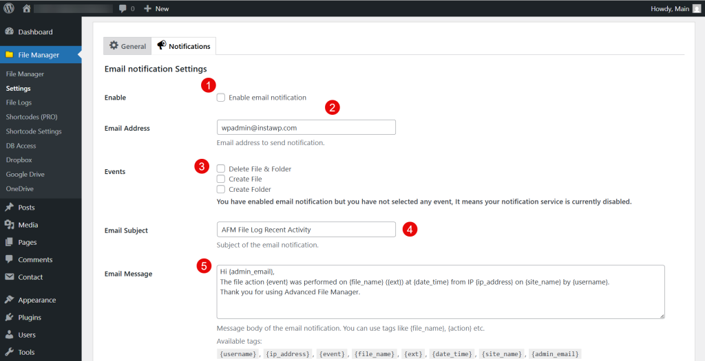 Email notification settings preview screen