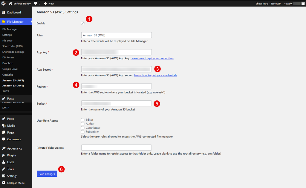 Eighth screen of S3 file manager showing detailed configuration