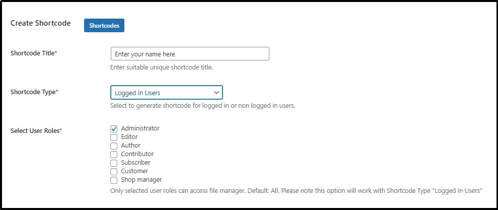 shortcode type drop down
