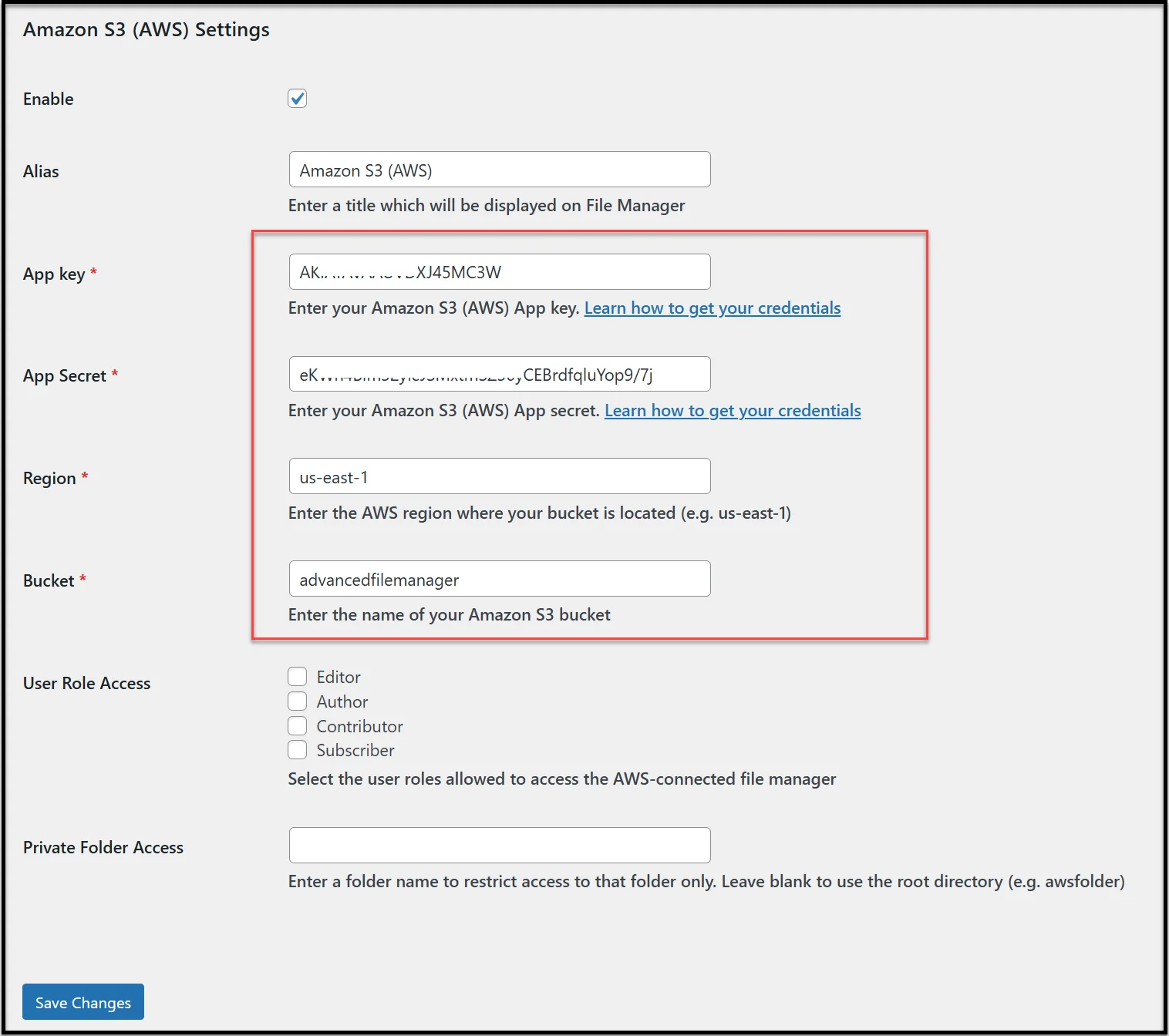amazon s3 settings