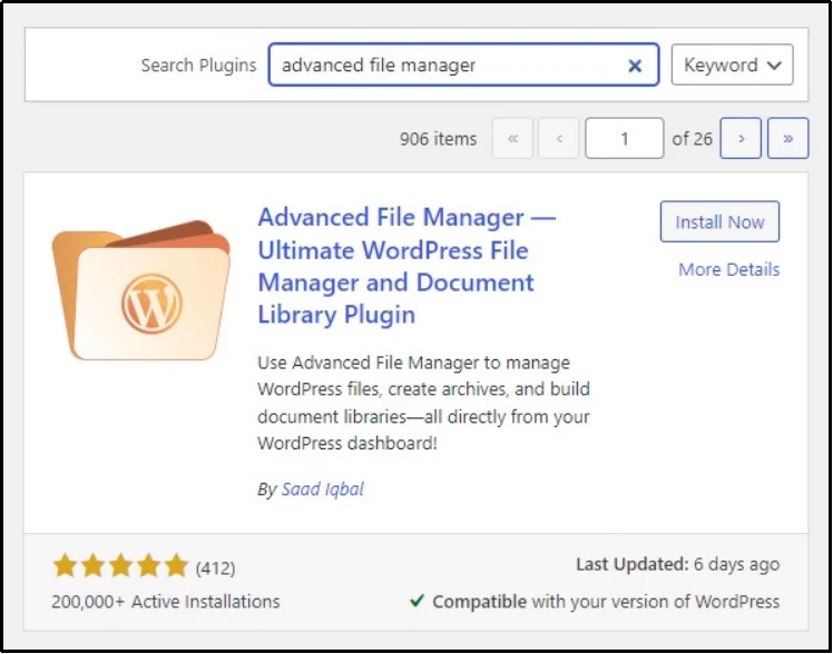 Search for Advanced File Manager plugin in WordPress dashboard