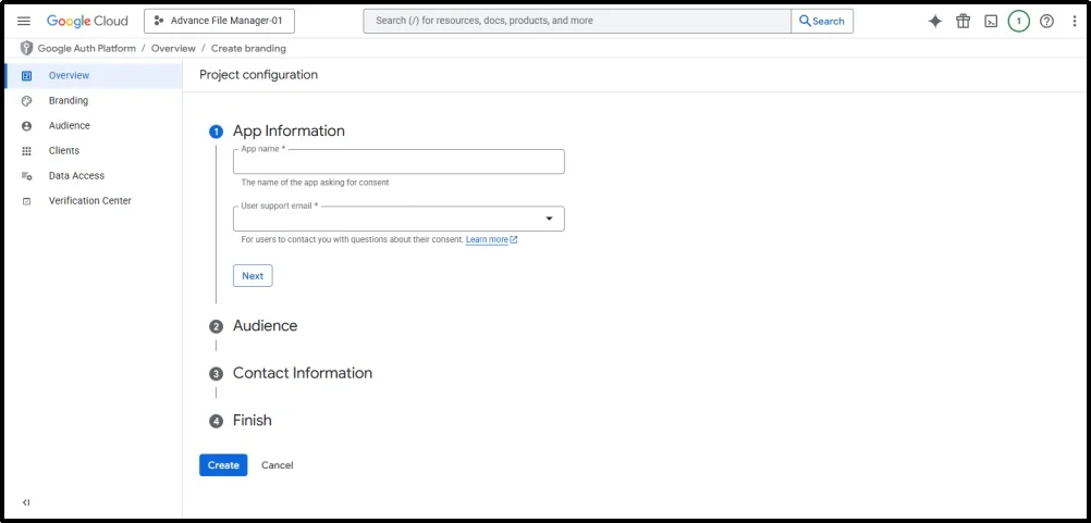 Start creating a new app in Google Cloud console