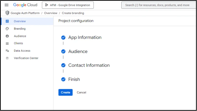 Click on the create button to finish OAuth setup