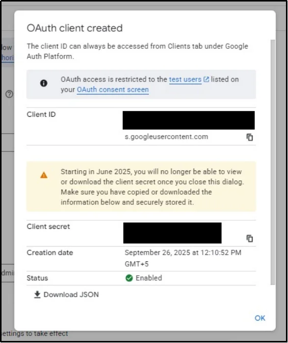 Copy the generated OAuth client keys to clipboard