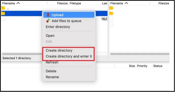 Selecting the option to create a new directory in file manager
