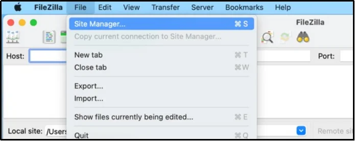 FileZilla Site Manager configuration window