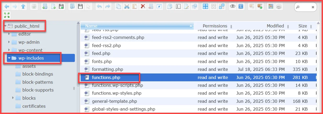 WordPress wp-includes folder showing core files in File Manager