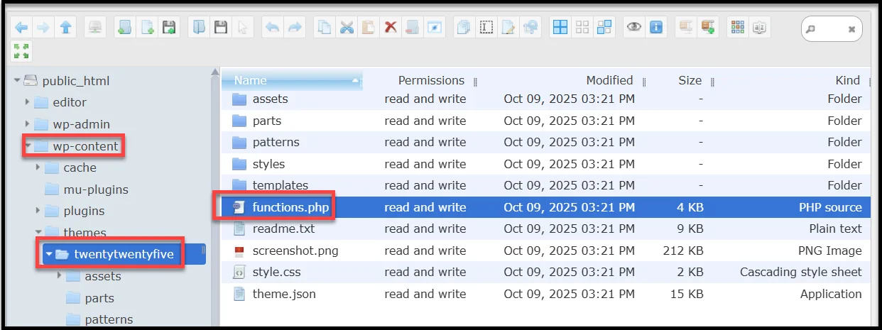 functions.php file open in WordPress theme editor