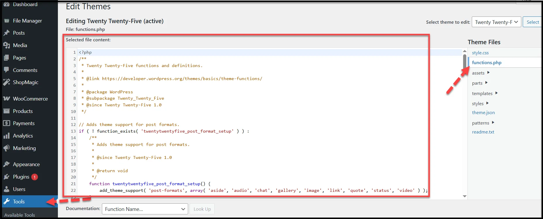 WordPress theme file editor displaying active theme files