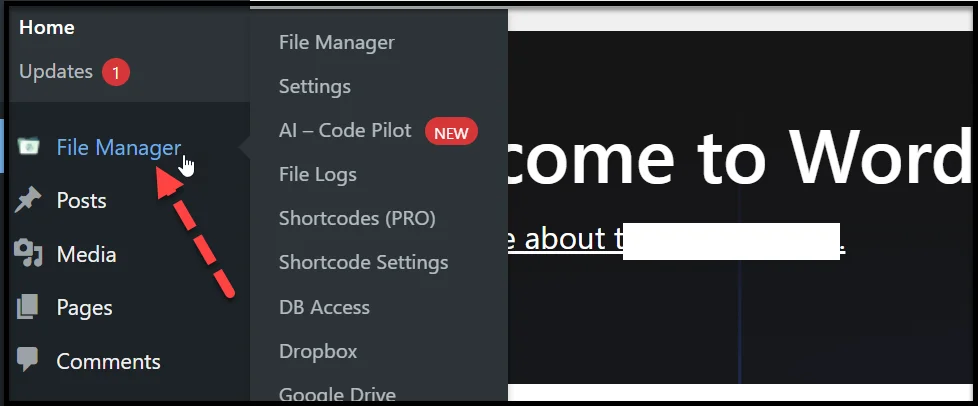 File Manager option shown in WordPress dashboard