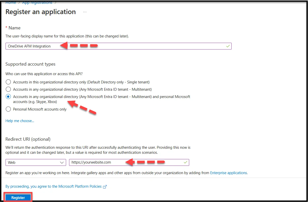 Selecting the New Registration tab in Azure portal