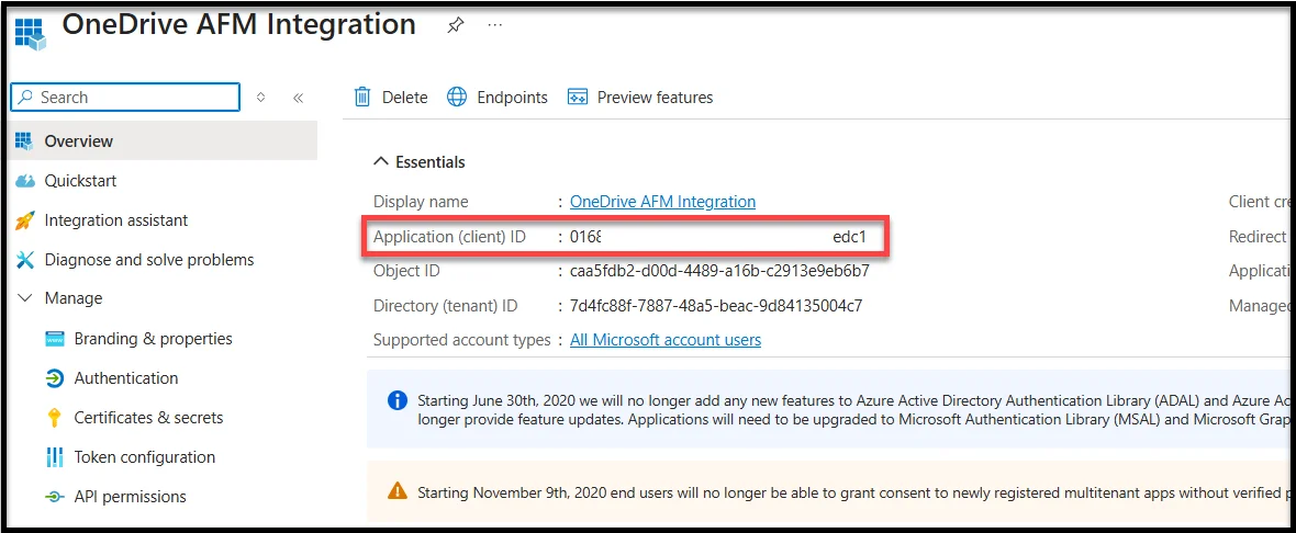 Copying the Application Client ID from Azure