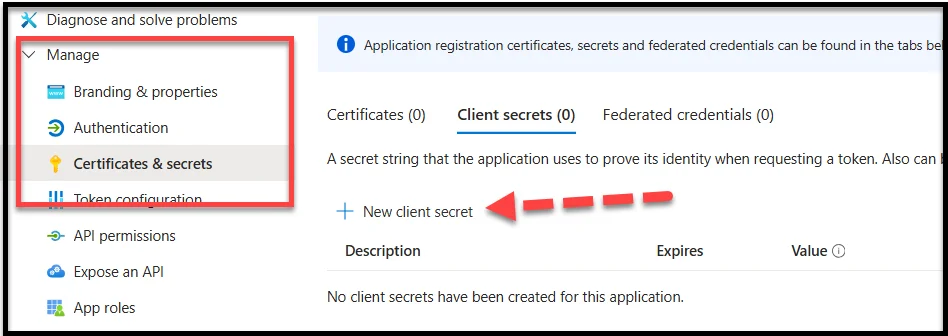 Opening Certificates and Secrets option in Azure