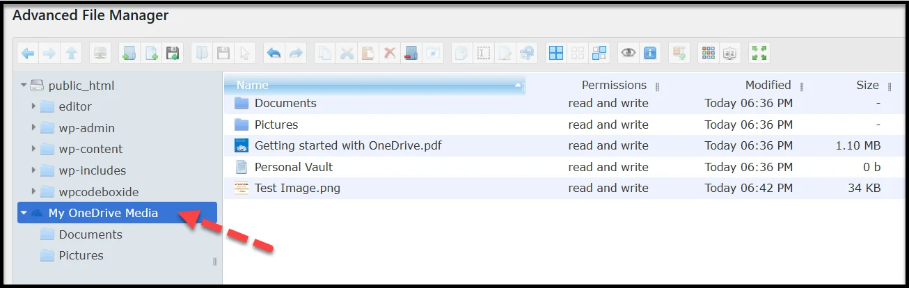 Connected OneDrive media in Advanced File Manager