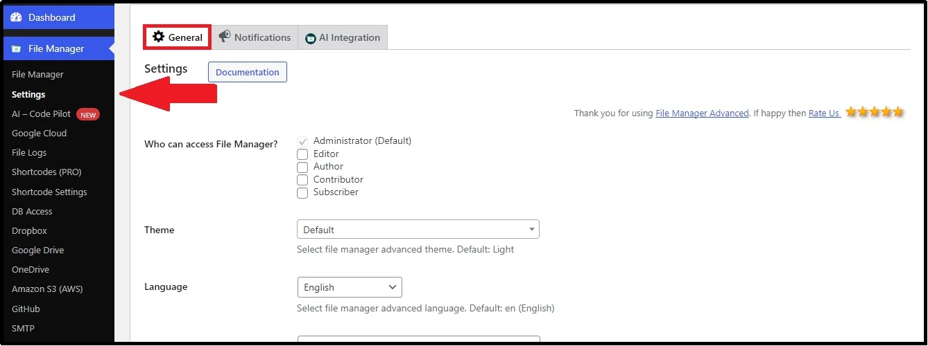 General settings page of Advanced File Manager plugin