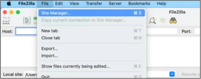 Site Manager connection settings