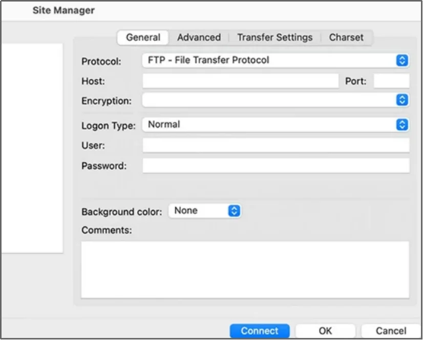 Form to enter FTP connection details