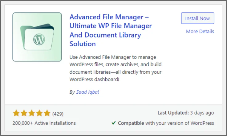 Advanced File Manager plugin overview screen