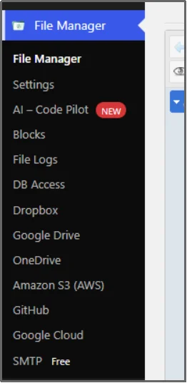 New File Manager tab in WordPress dashboard