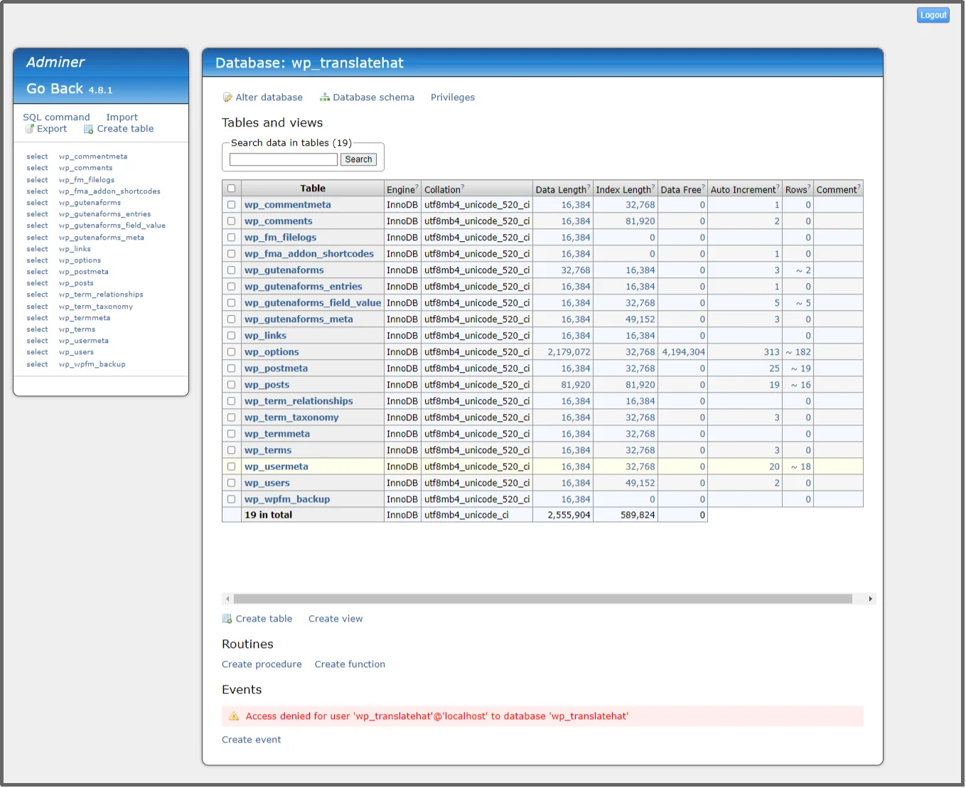 Advanced File Manager database interface showing tables and options