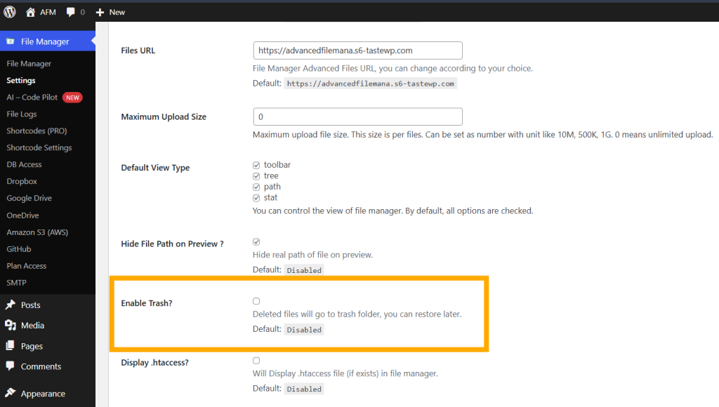 Advanced File Manager Settings 15
