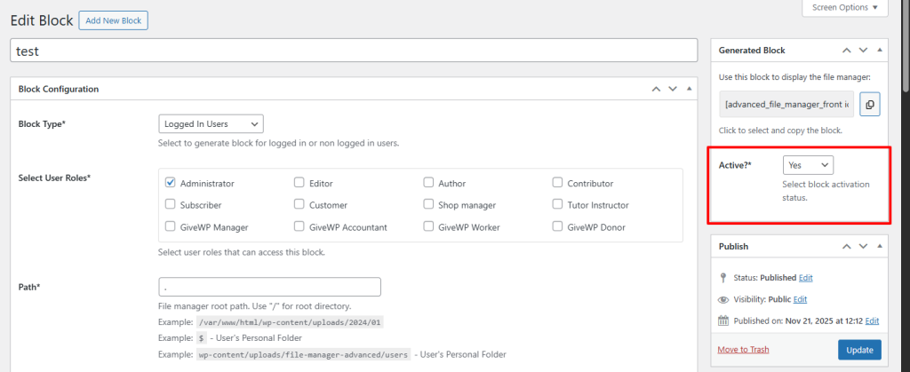 Publish Blocks in Advanced File Manager 1