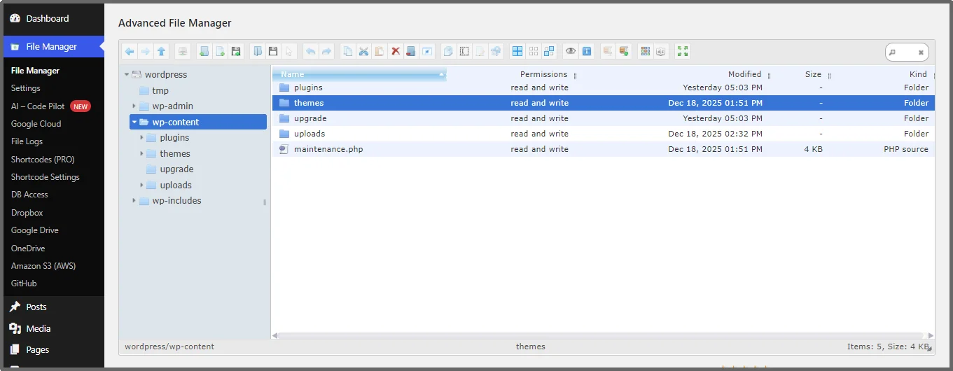 Navigate to the File Manager tab in the WordPress dashboard