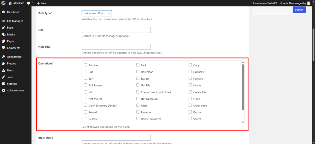 Configuring Blocks Advanced File Manager 6