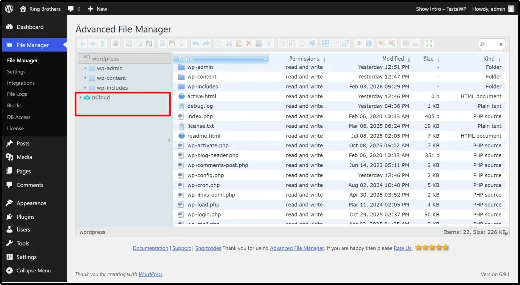 Advanced File Manager pCloud integration