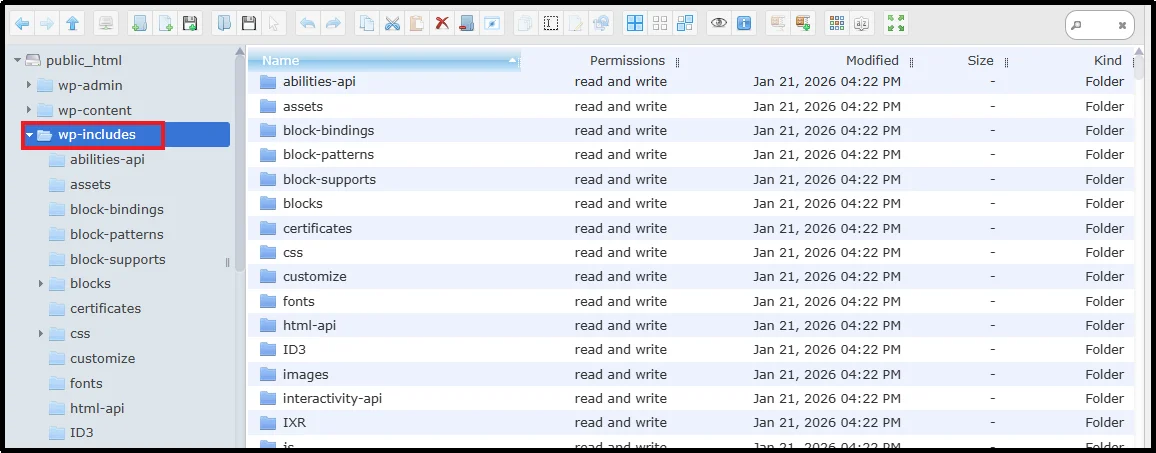 WordPress wp-includes folder view