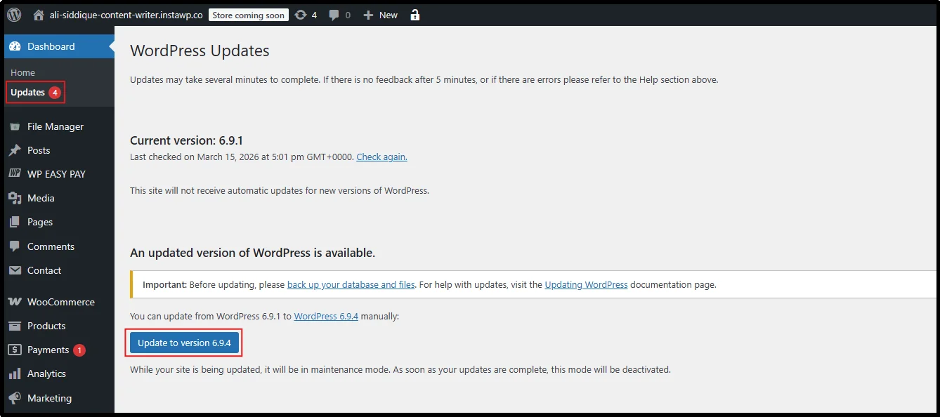WordPress update version button