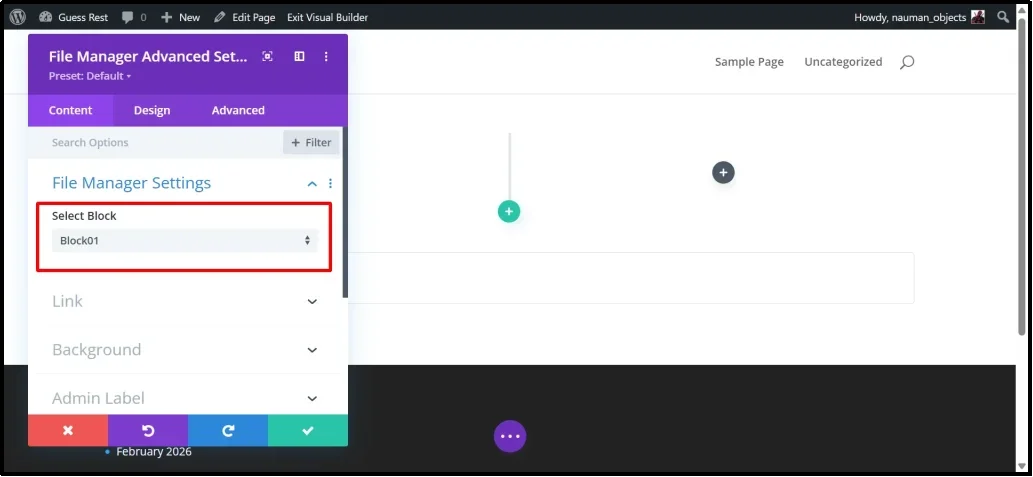Selecting the target block in the WordPress block editor for file manager placement
