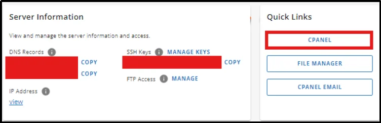 Login screen of cPanel dashboard for website hosting management