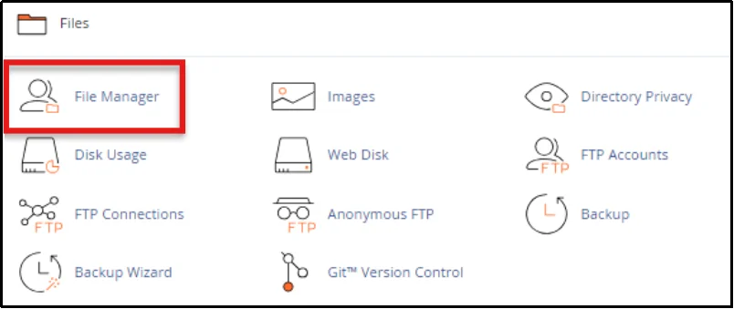 File Manager option inside cPanel dashboard