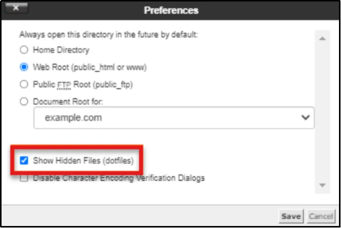 Show hidden files option enabled in cPanel File Manager