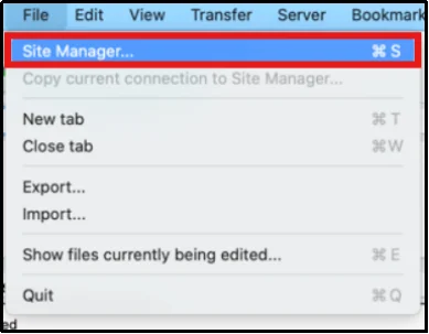 Site Manager option in FileZilla FTP client