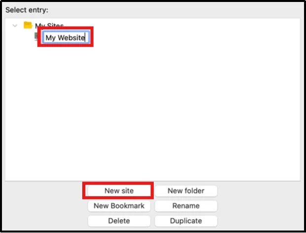 Creating a new FTP site connection in FileZilla