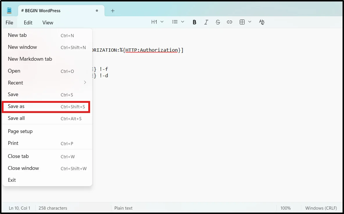Save As option selected in Notepad menu
