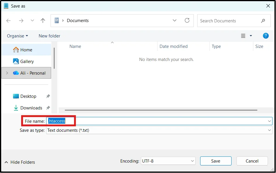 Saving the file with the name .htaccess in Notepad