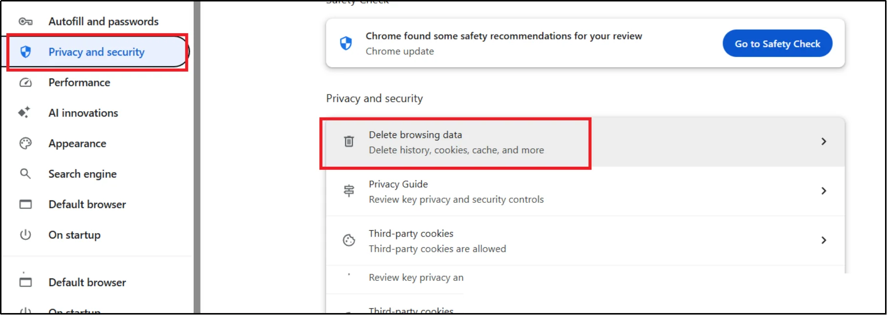 Navigate to Delete browsing data settings to clear browser cache in WordPress troubleshooting