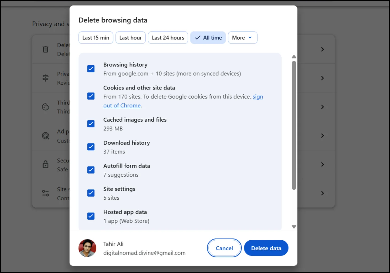 Click Delete Data to clear browser cache and fix WordPress white screen issues