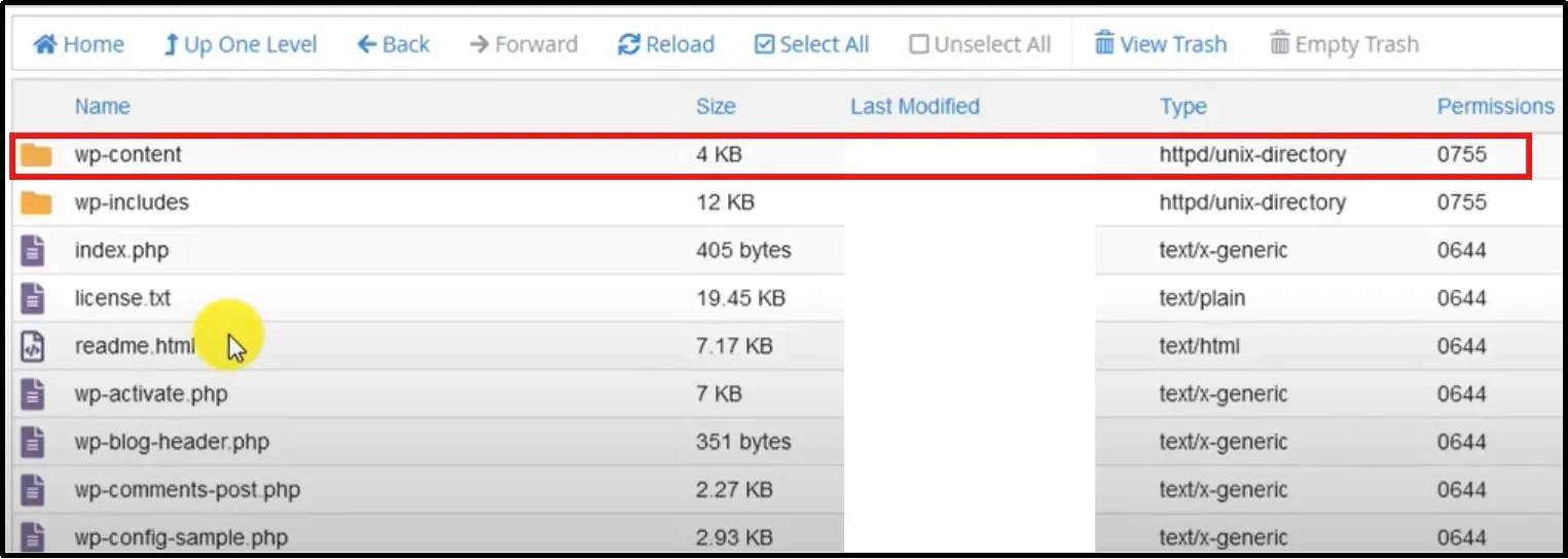 Navigate to the wp-content folder in WordPress File Manager