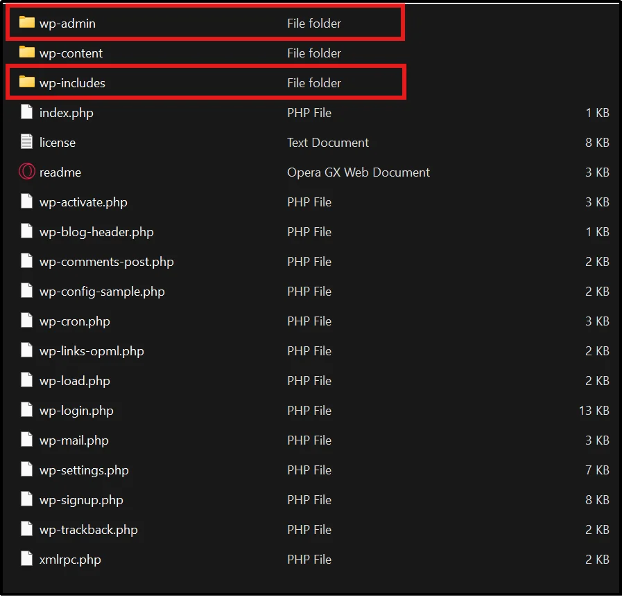 Upload wp-admin and wp-includes folders to the WordPress root directory