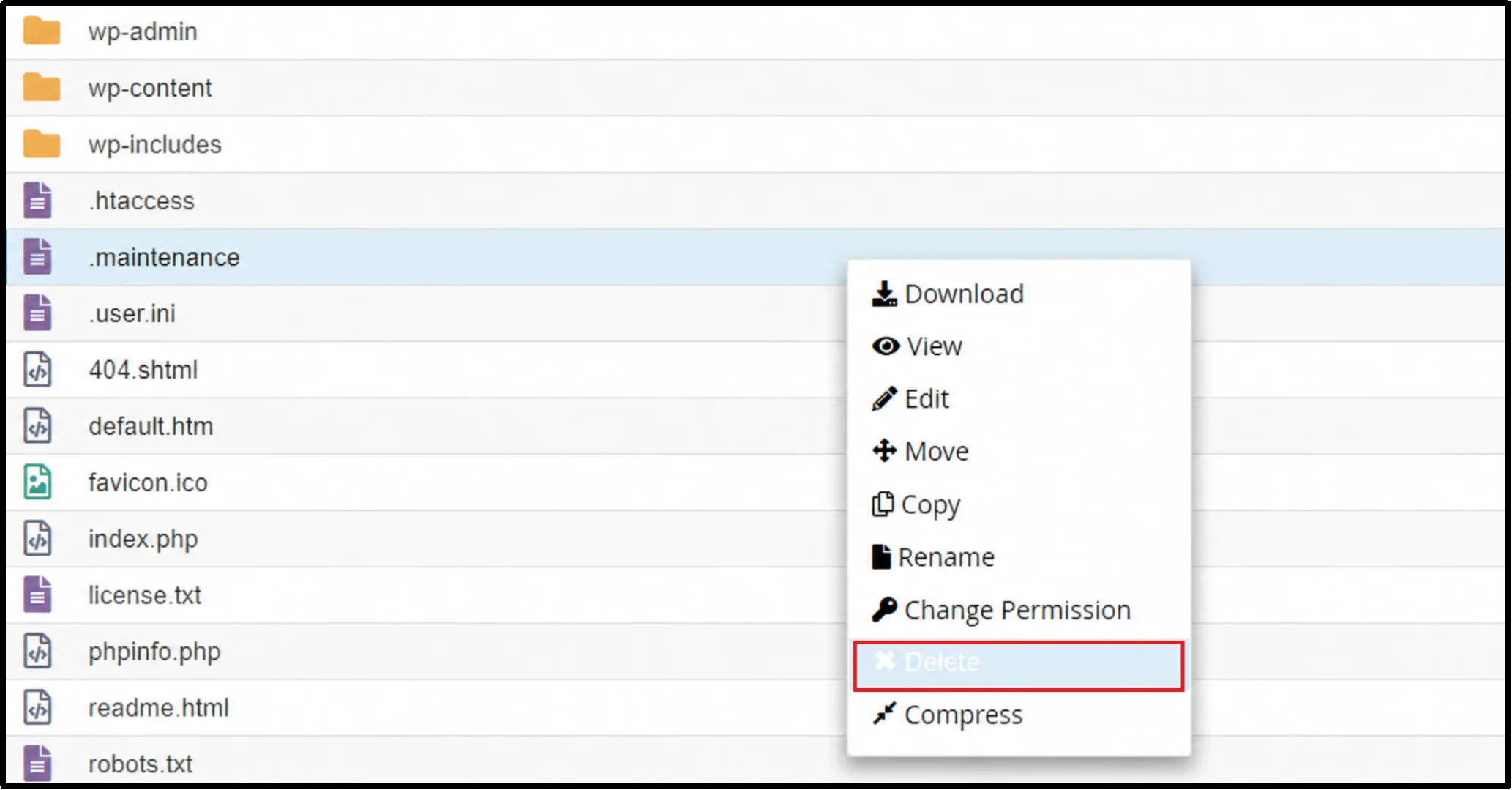 Delete the .maintenance file to fix a WordPress maintenance mode issue