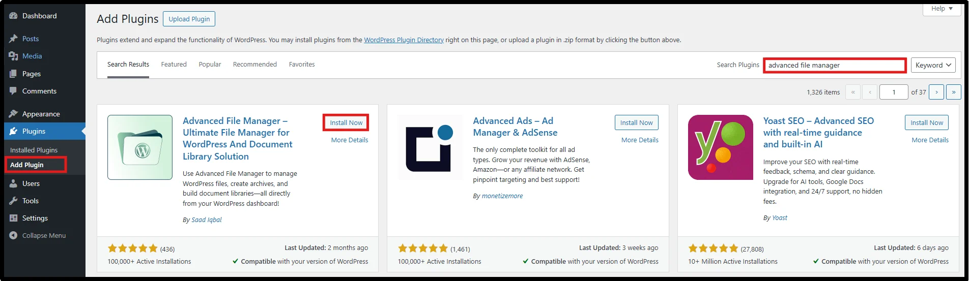Install Advanced File Manager plugin from the WordPress Plugins screen