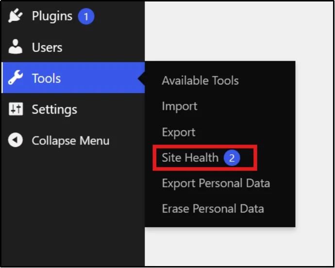 Navigating to the Site Health option in the WordPress dashboard