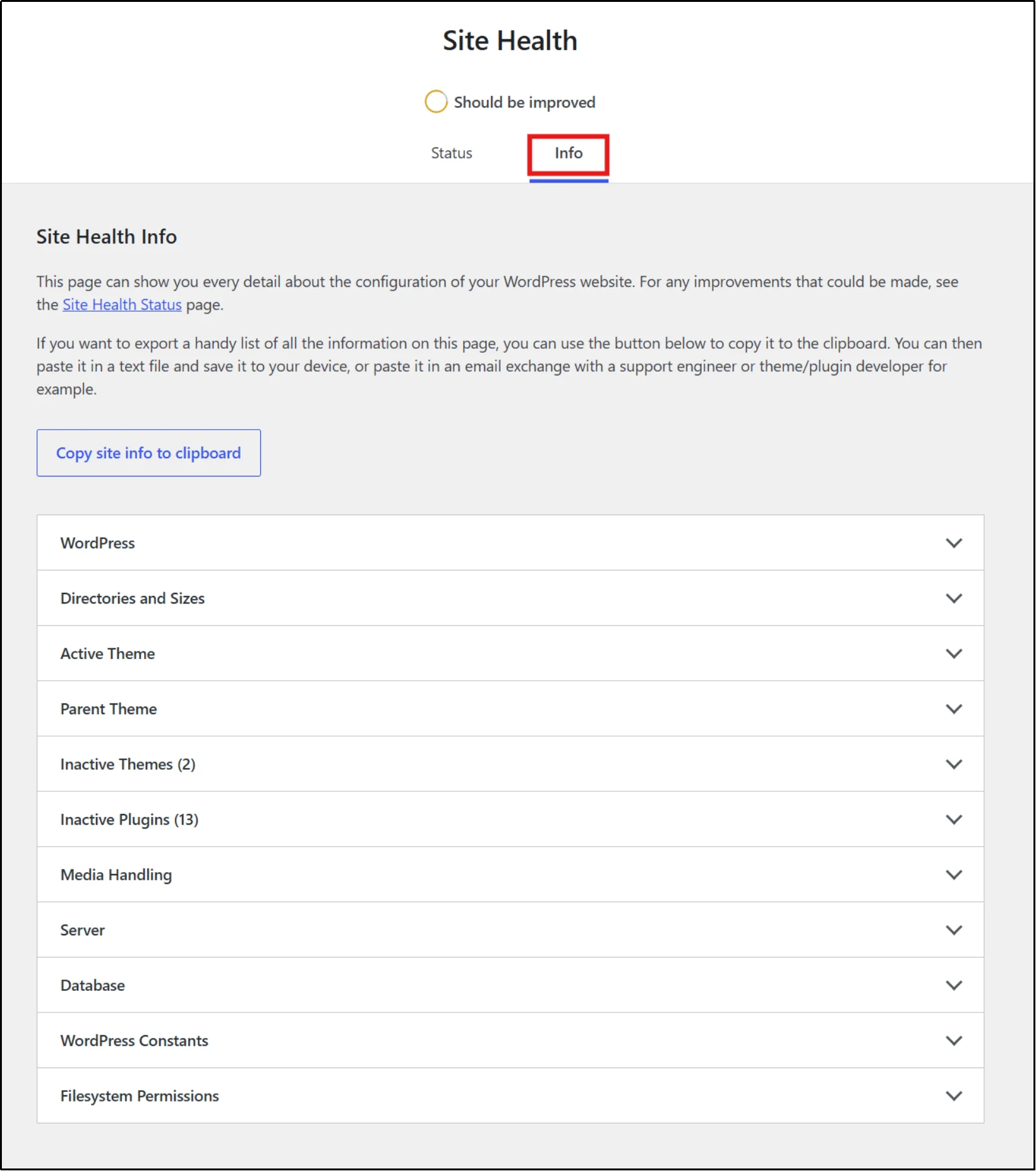 Site Health Info tab showing server and WordPress configuration details