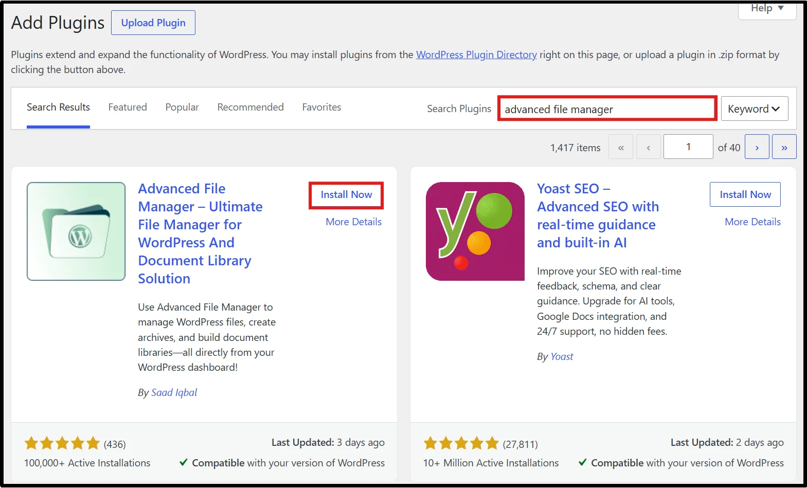 Searching for the Advanced File Manager plugin in the WordPress plugin directory